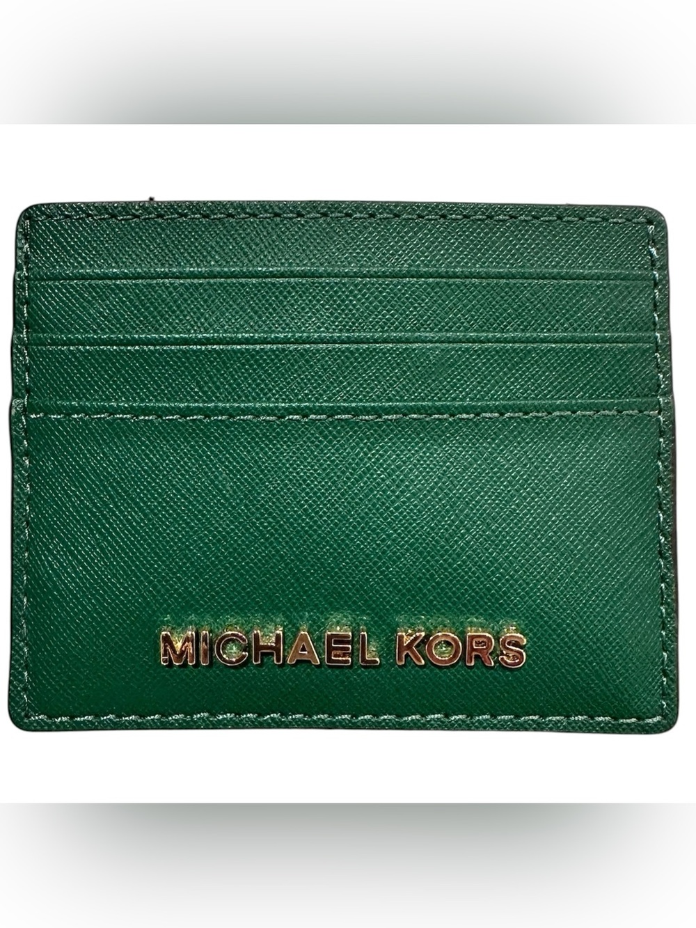 NWT Michael Kors Jet Set Jewel Green Large Leather Card Holder with Gold Logo